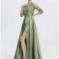 A-Line Evening Gown Elegant Dress Formal Floor Length 3/4 Length Sleeve Jewel Neck Satin with Slit Embroidery