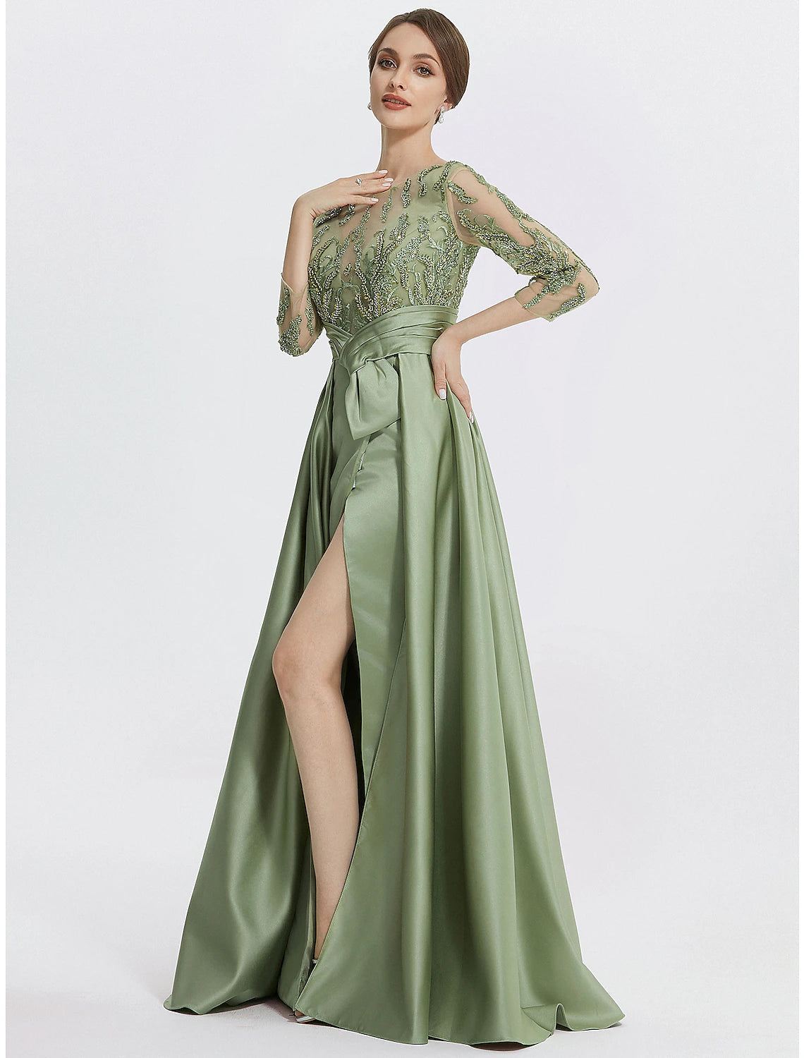 A-Line Evening Gown Elegant Dress Formal Floor Length 3/4 Length Sleeve Jewel Neck Satin with Slit Embroidery