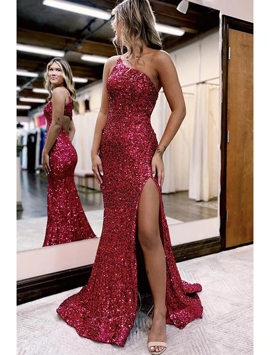 Mermaid / Trumpet Prom Dresses Sparkle & Shine Dress Formal Wedding Party Court Train Sleeveless One Shoulder Sequined