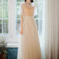 A-Line Prom Dresses Glittering Dress Party Wear Ankle Length Half Sleeve High Neck Tulle with Pleats