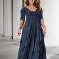 Two Piece A-Line Mother of the Bride Dresses Plus Size Hide Belly Curve Elegant Dress Formal Floor Length Half Sleeve V Neck Chiffon with Pleats