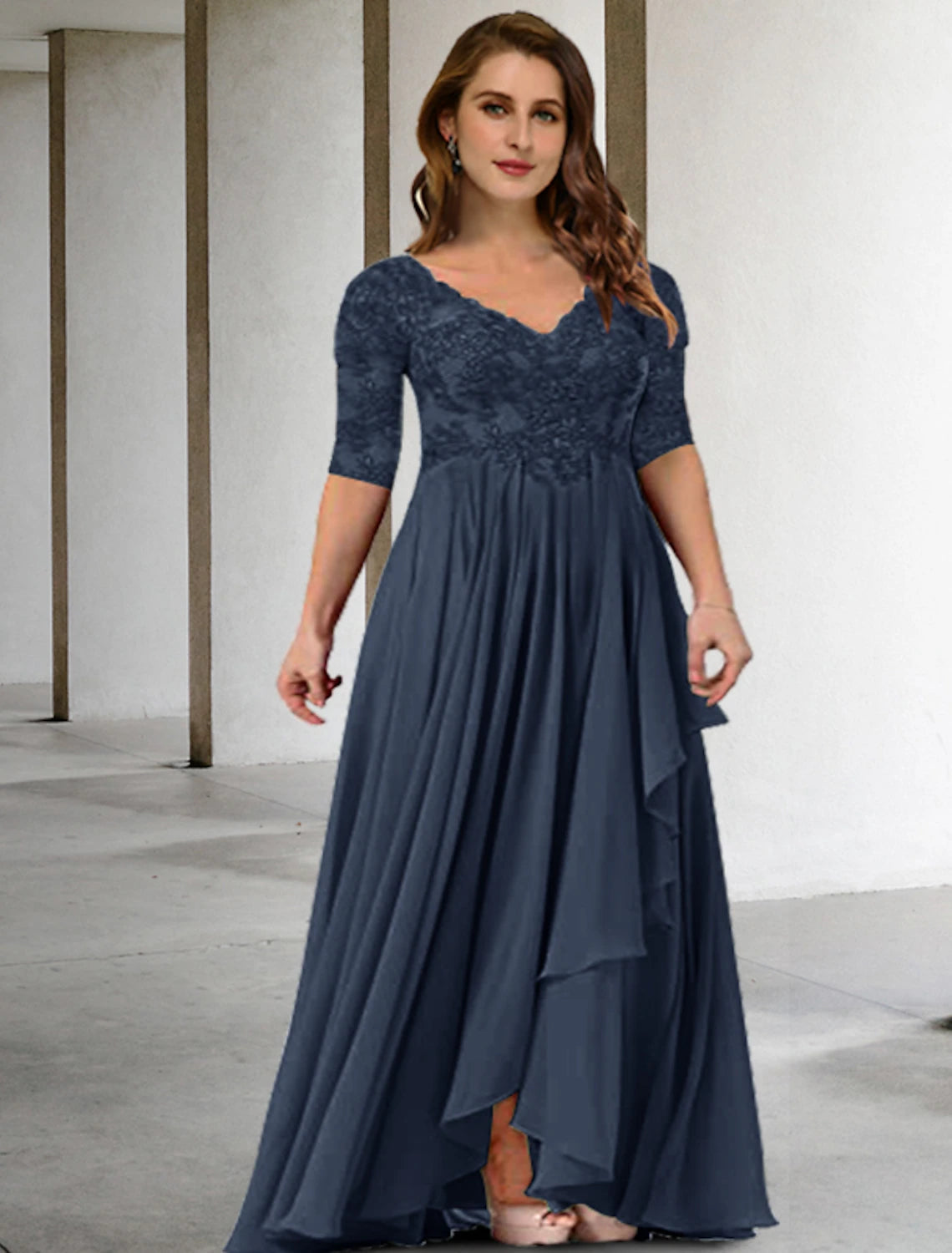 Two Piece A-Line Mother of the Bride Dresses Plus Size Hide Belly Curve Elegant Dress Formal Floor Length Half Sleeve V Neck Chiffon with Pleats