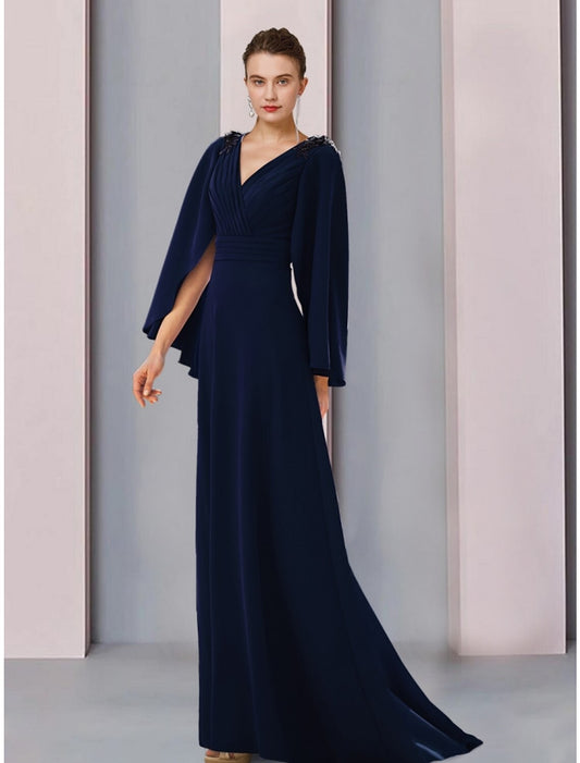 A-Line Mother of the Bride Dress Wedding Guest Elegant V Neck Sweep / Brush Train Stretch Chiffon Long Sleeve with Sequin Ruching