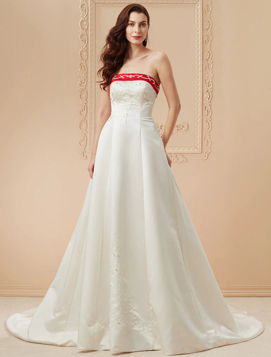 Open Back Wedding Dresses Sweep / Brush Train Ball Gown Strapless Strapless Satin With Embroidery
