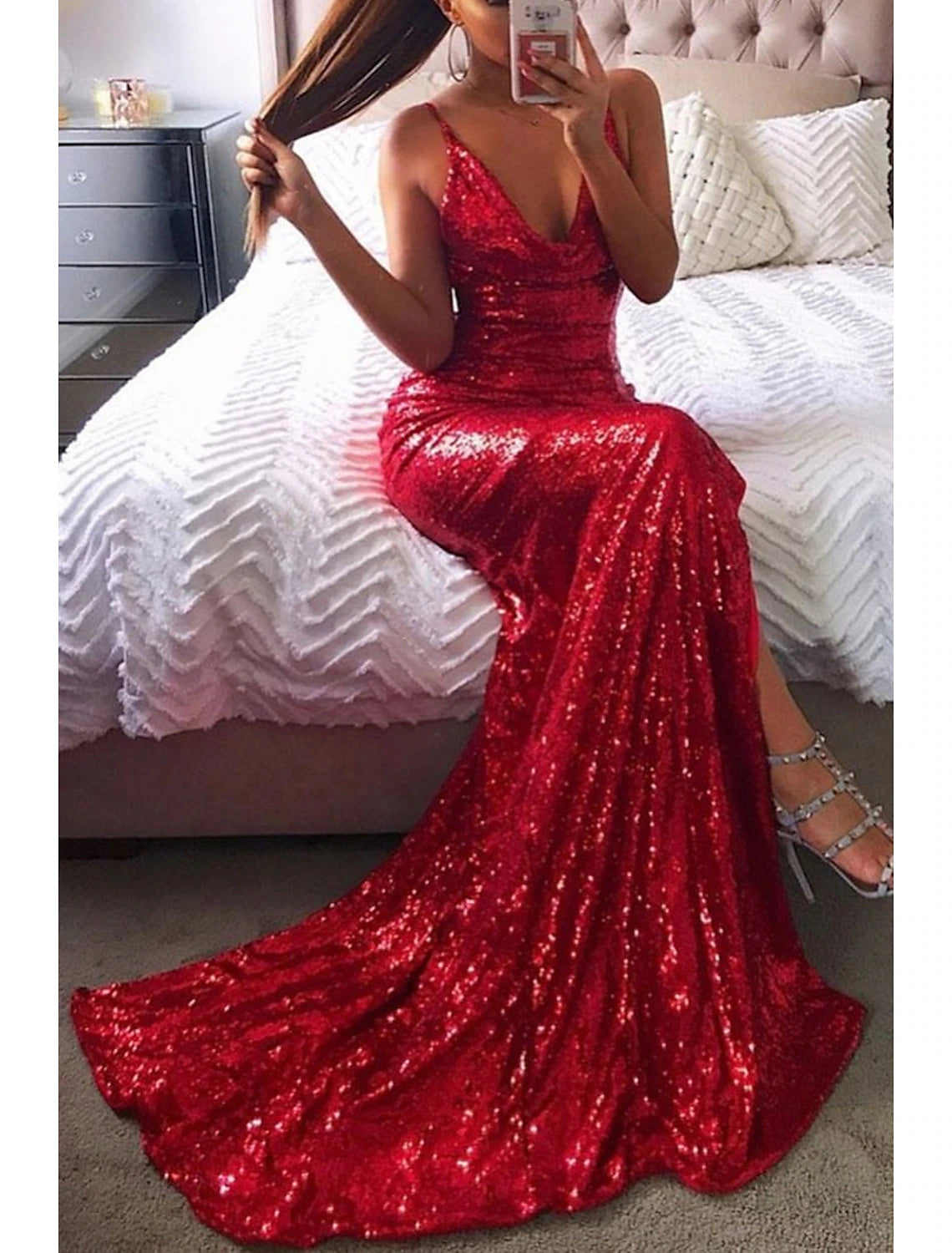 Mermaid / Trumpet Prom Dresses Sexy Dress Formal Court Train Sleeveless Strapless Sequined Backless