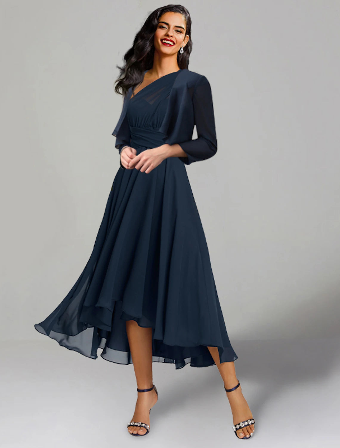 Two Piece A-Line Wedding Guest Dresses Elegant Dress Cocktail Party Tea Length 3/4 Length Sleeve V Neck Convertible Chiffon