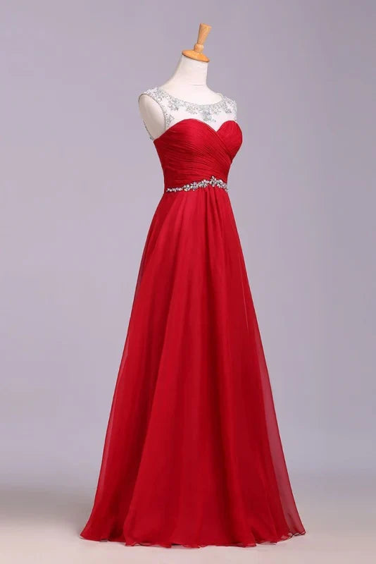 A Line Floor Length Chiffon Crystals Pleated Prom Dress Evening Dress with Pleats