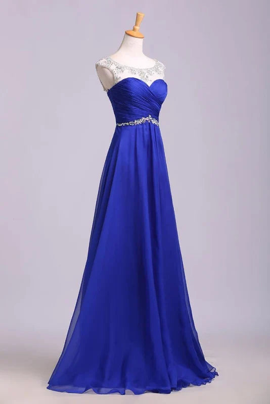 A Line Floor Length Chiffon Crystals Pleated Prom Dress Evening Dress with Pleats