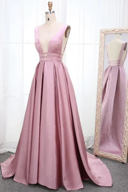 A Line Ruched Simple V Neck Sleeveless Prom Dress Sexy Evening Dress