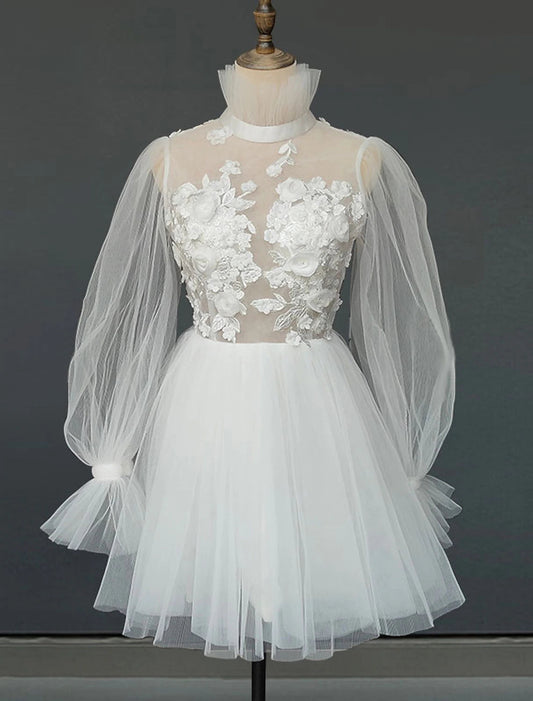 Reception Open Back Little White Dresses Wedding Dresses A-Line High Neck Long Sleeve Short / Mini Satin Bridal Gowns With Pleats