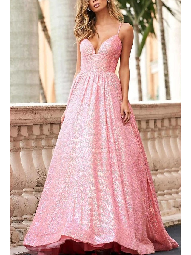 A-Line/Princess Spaghetti Straps Long Prom Dresses V-neck Sparkly 