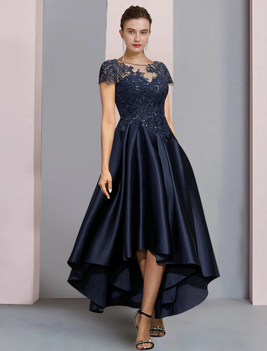 A-Line Mother of the Bride Dress Formal Wedding Guest Party Elegant High Low Scoop Neck Asymmetrical Tea Length Satin Lace Half Sleeve with Sequin