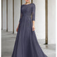 A-Line Mother of the Bride Dress Elegant Jewel Neck Floor Length Chiffon Lace 3/4 Length Sleeve with Pleats