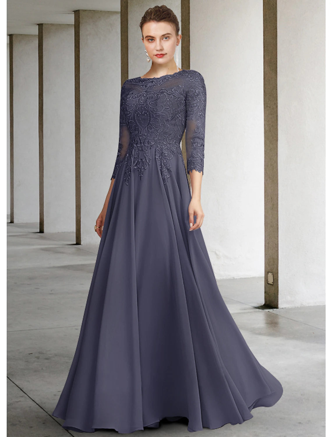 A-Line Mother of the Bride Dress Elegant Jewel Neck Floor Length Chiffon Lace 3/4 Length Sleeve with Pleats