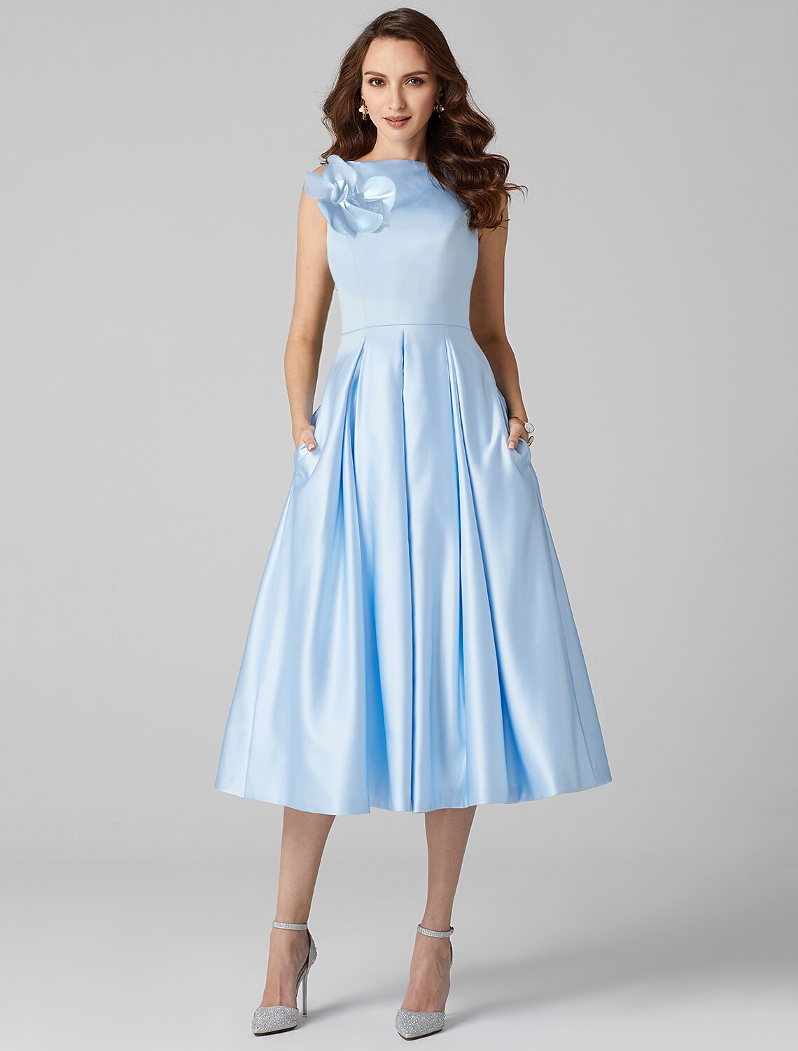 A-Line Cocktail Dresses Party Dress Formal Wedding Guest Tea Length Sleeveless Jewel Neck Pocket Satin with Pleats Flower