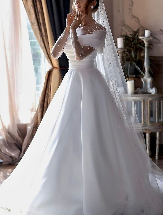 Beach Little White Dresses Formal Wedding Dresses A-Line Illusion Neck Long Sleeve Floor Length Tulle Bridal Gowns With Ruched