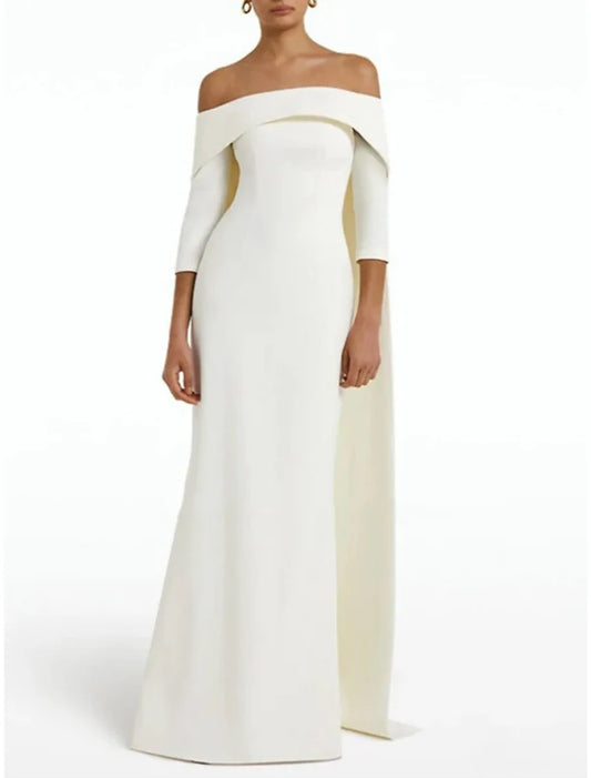 Sheath / Column Evening Gown Elegant Dress Formal Sweep / Brush Train 3/4 Length Sleeve Off Shoulder Stretch Fabric with Pleats
