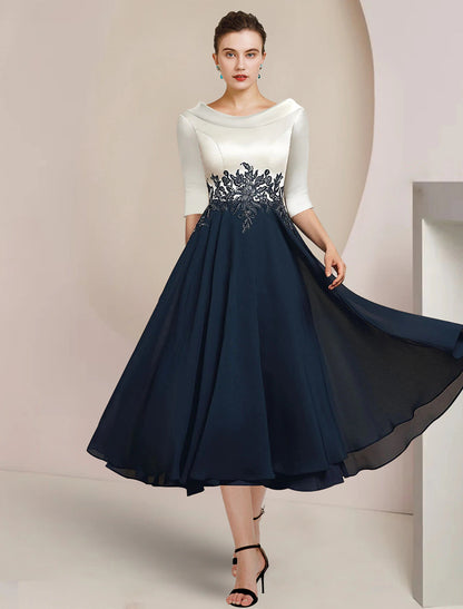 A-Line Mother of the Bride Dress Formal Wedding Guest Elegant Vintage Bateau Neck Tea Length Chiffon Lace 3/4 Length Sleeve with Pleats Appliques