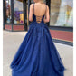 A-line/Princess V Neck Long/Floor-Length Lace Prom Dresses Pure Color