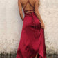 A-Line Beautiful Back Sexy High Split Engagement Prom Formal Evening Dress Spaghetti Strap Sleeveless Floor Length Satin with Ruffles