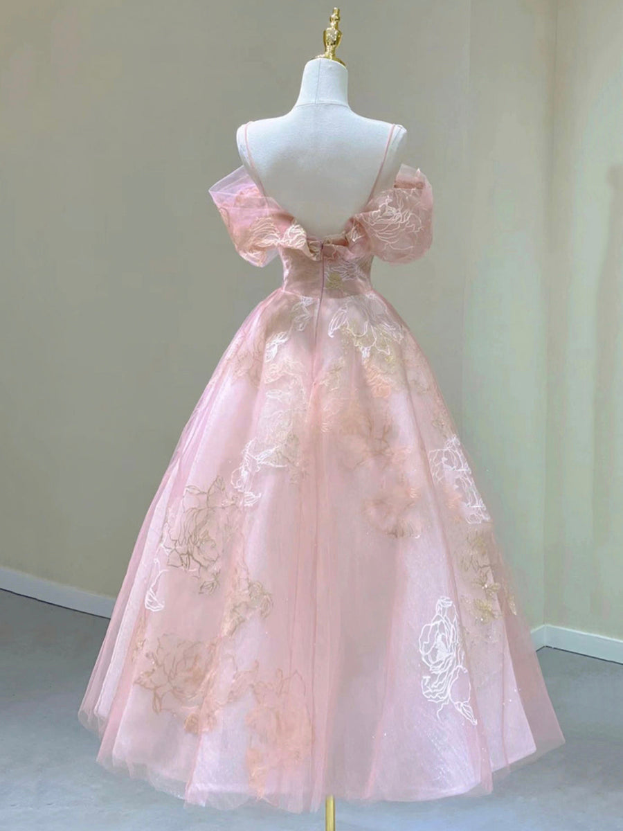 Pink Spaghetti Strap Tulle Lace Short Prom Dress Cute A-Line Party Dress Off Shoulder