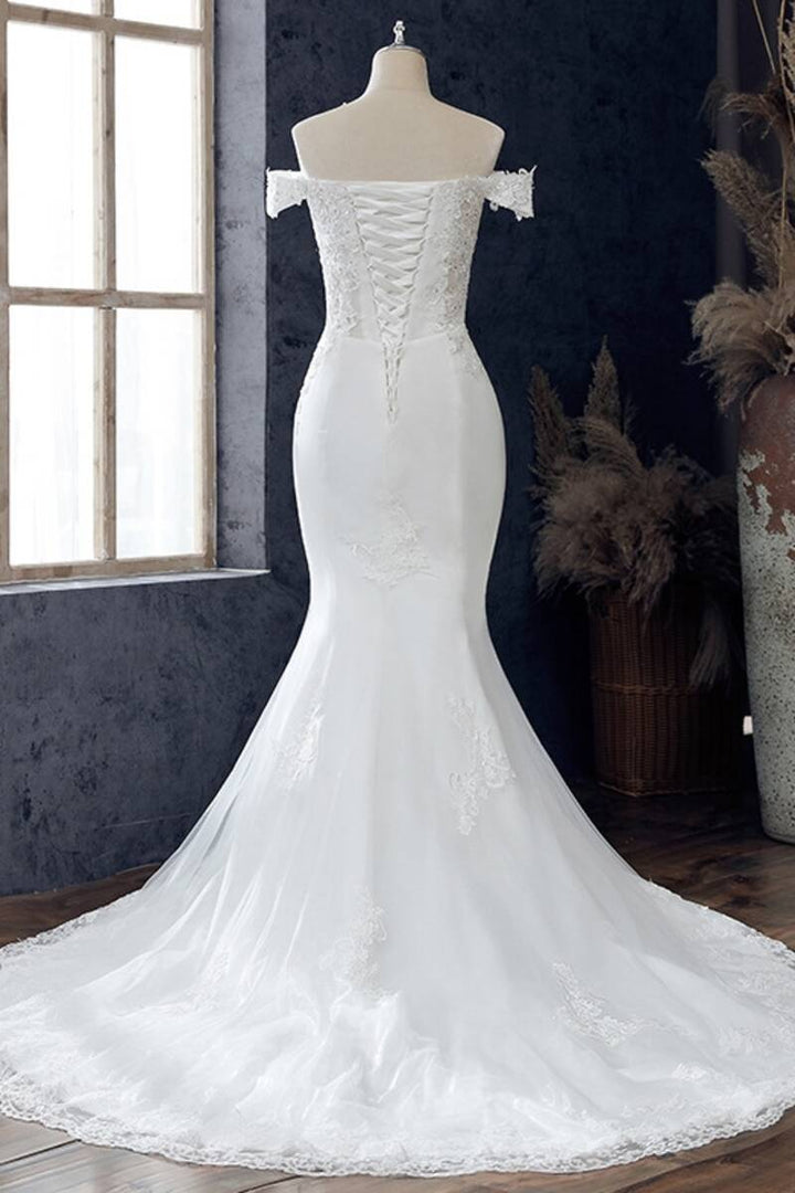 White Lace Off-the-Shoulder Mermaid Wedding Dress Long