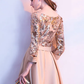 A-Line Glittering Elegant Prom Formal Evening Dress Jewel Neck 3/4 Length Sleeve Floor Length Satin