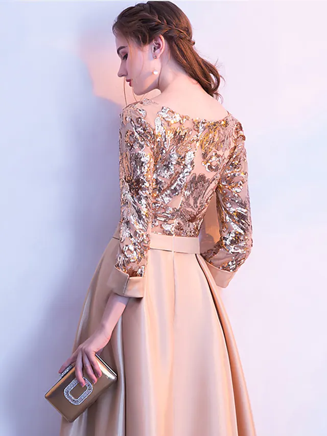 A-Line Glittering Elegant Prom Formal Evening Dress Jewel Neck 3/4 Length Sleeve Floor Length Satin