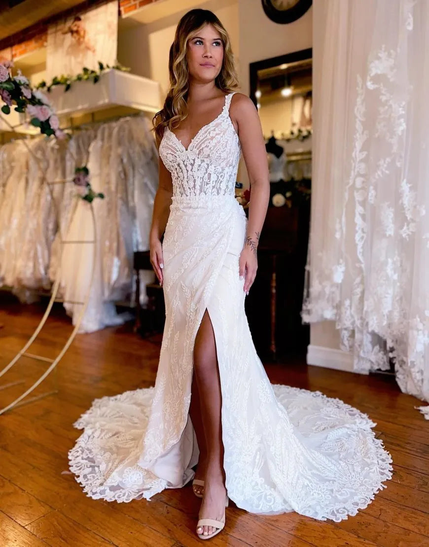 Mermaid Straps Train Lace Wedding Dress With Split V-neck Sexy Long