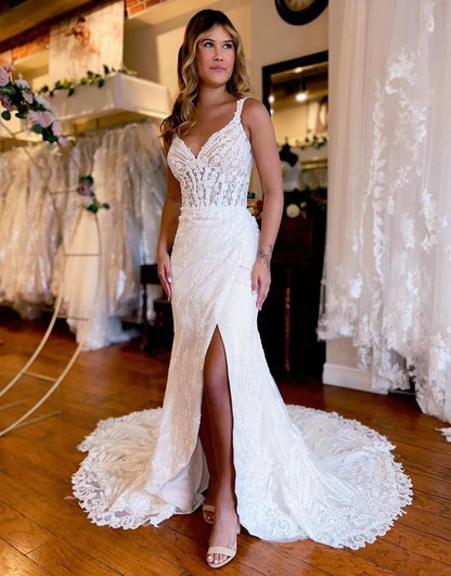 Mermaid Straps Train Lace Wedding Dress With Split V-neck Sexy Long