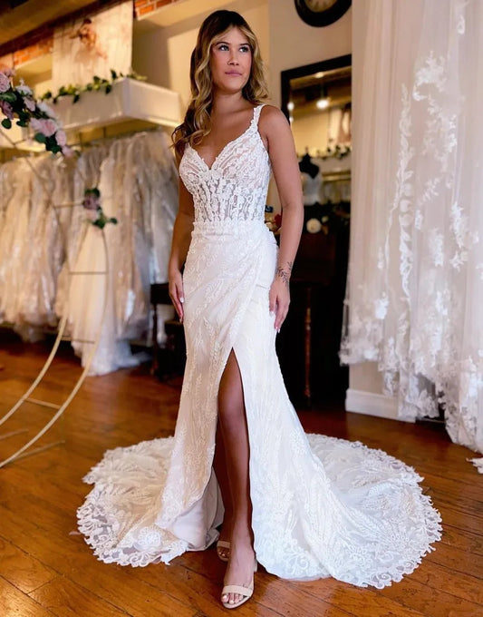 Mermaid Straps Train Lace Wedding Dress With Split V-neck Sexy Long