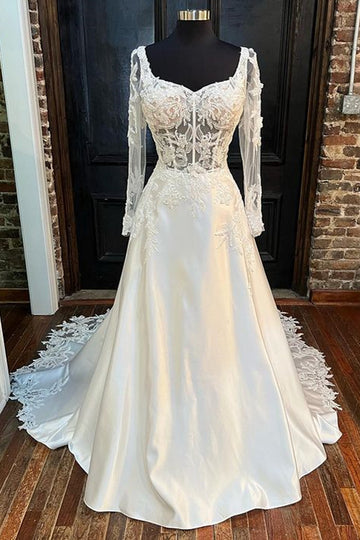 White Queen Anne Long Sleeve A-Line Wedding Dress Beautiful