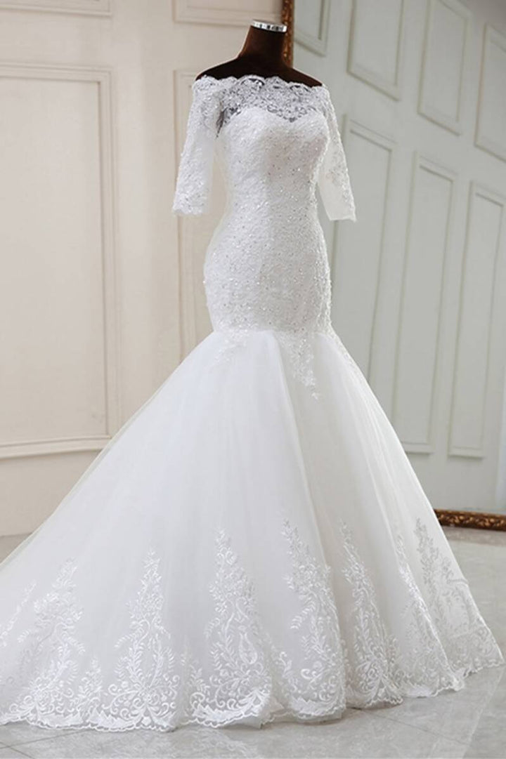 White Lace Off-the-Shoulder Half Sleeve Trumpet Wedding Dress Long