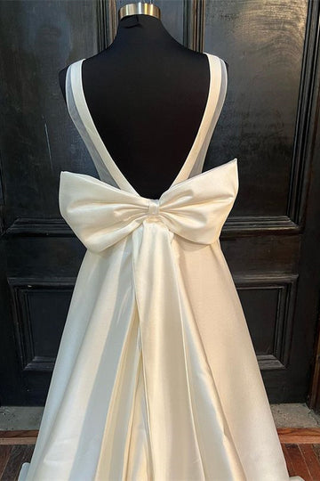 White Satin Crew Neck Bow-Back A-Line Wedding Dress Pure Color