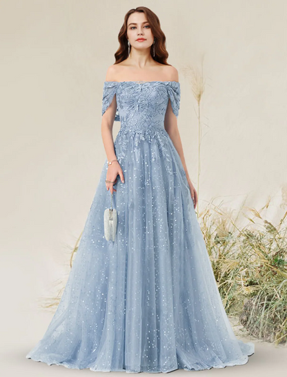 A-Line Prom Dresses Elegant Dress Wedding Guest Sweep / Brush Train Sleeveless Off Shoulder Lace