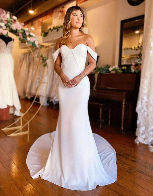 Mermaid Off The Shoulder Satin Wedding Dress Sexy Long Pure Color
