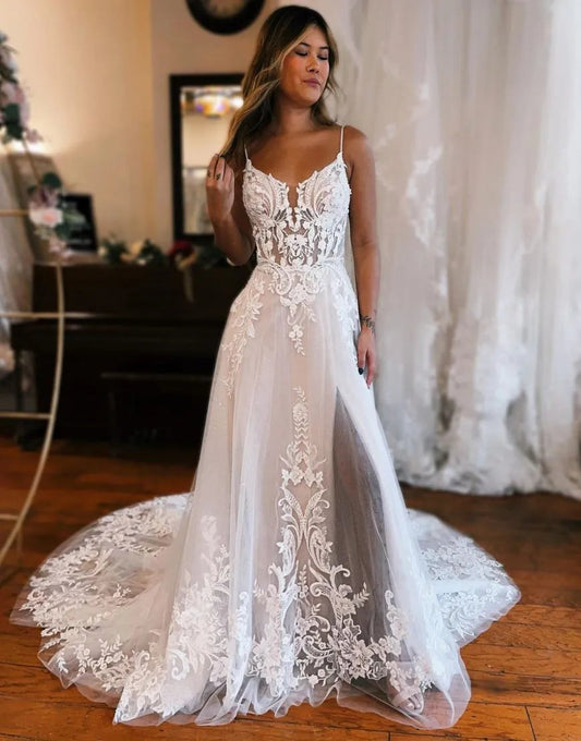 A-Line Train Wedding Dress With Appliques And Split V-neck Sexy