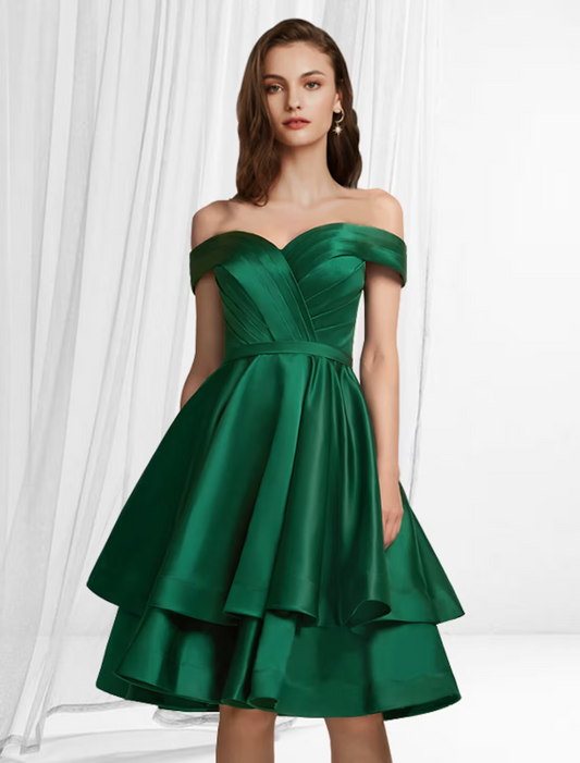 A-Line Empire Minimalist Party Wear Cocktail Party Dress Off Shoulder Sleeveless Knee Length Satin