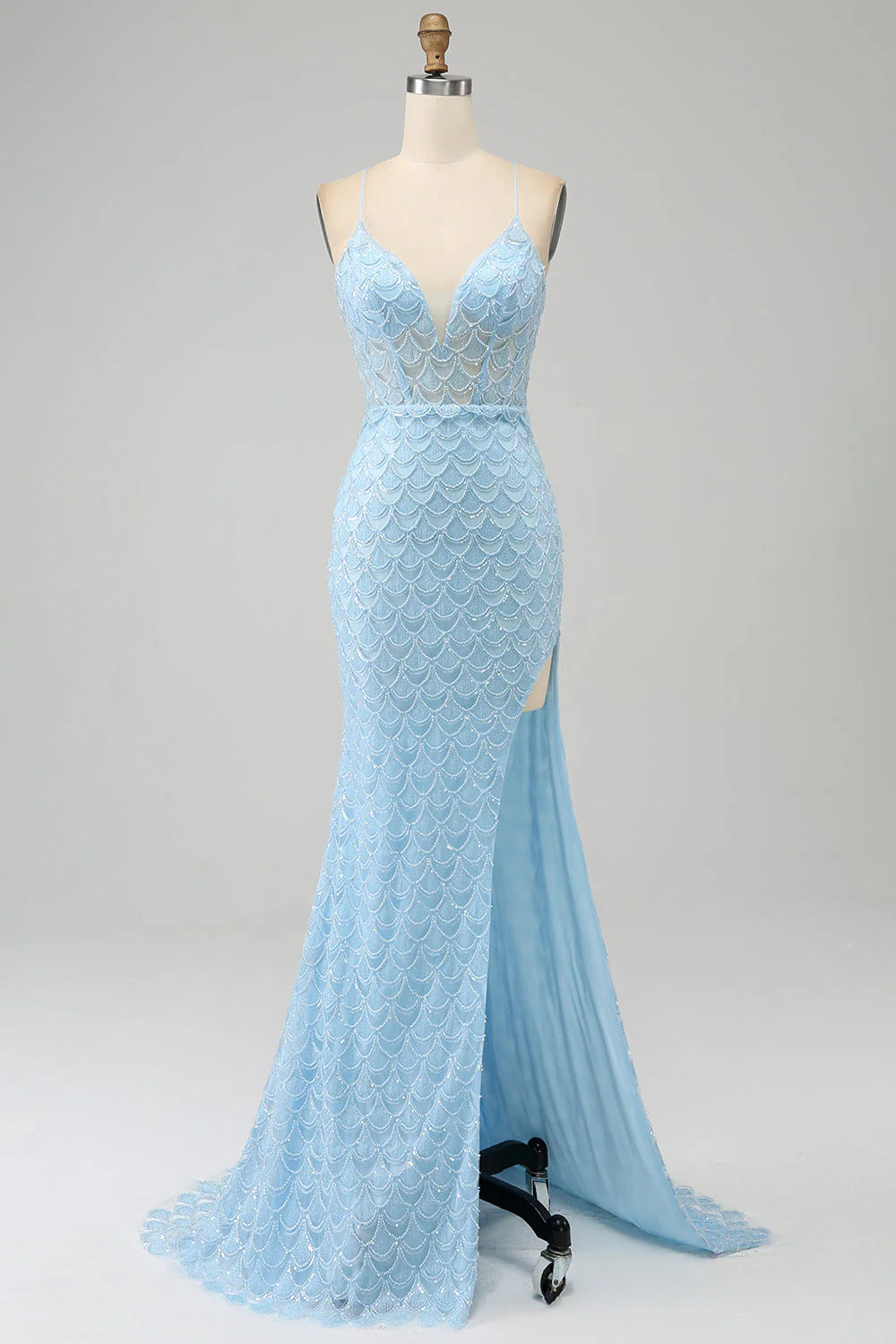 Mermaid Prom Dress with Slit V-neck Sexy Light Blue Long