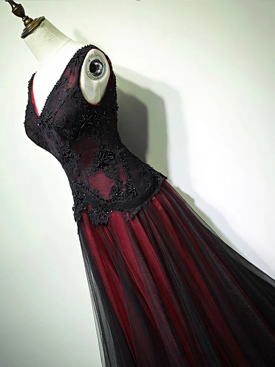 Black and Red V-Neck Lace Long Prom Dress Beautiful A-Line Evening Party Dress Sexy