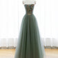 A-Line Green Tulle Long Prom Dress Off the Shoulder Evening Party Dress Sexy