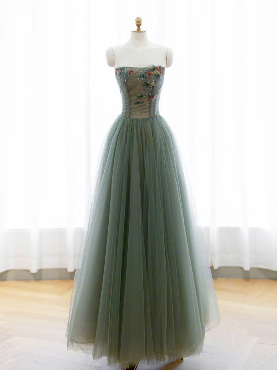 A-Line Green Tulle Long Prom Dress Off the Shoulder Evening Party Dress Sexy