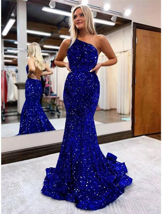 Mermaid / Trumpet Prom Dresses Sparkle & Shine Dress Formal Floor Length Sleeveless One Shoulder Sequined Backless