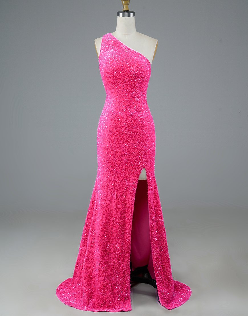 Pink Mermaid Glitter One-Shoulder Backless Prom Dress With Sequins Sexy