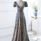 A-Line Square Long Evening Dress Short Sleeved Sparkly Sexy