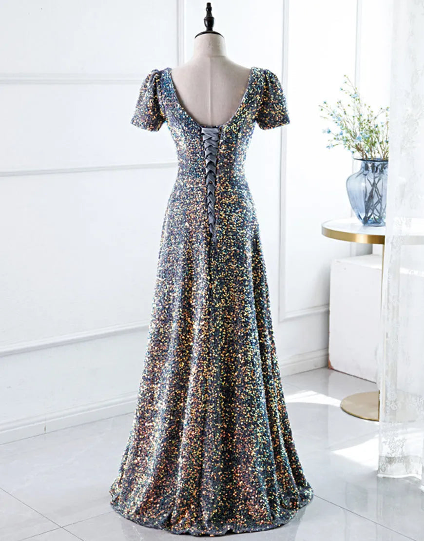 A-Line Square Long Evening Dress Short Sleeved Sparkly Sexy