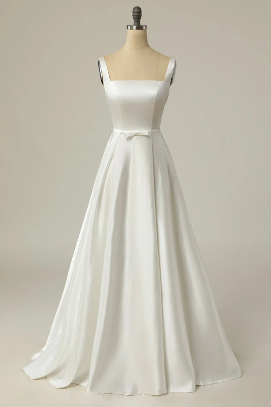 A Line Square Neck Long Wedding Dress Pure Color