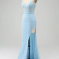 Mermaid Prom Dress with Slit V-neck Sexy Light Blue Long