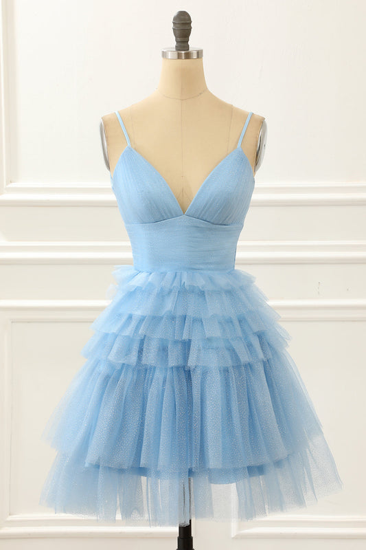 Light Blue A-Line Cute Homecoming Dress With Ruffles V-neck Short