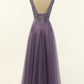 Tulle A-line Prom Dress V-neck Pure Color